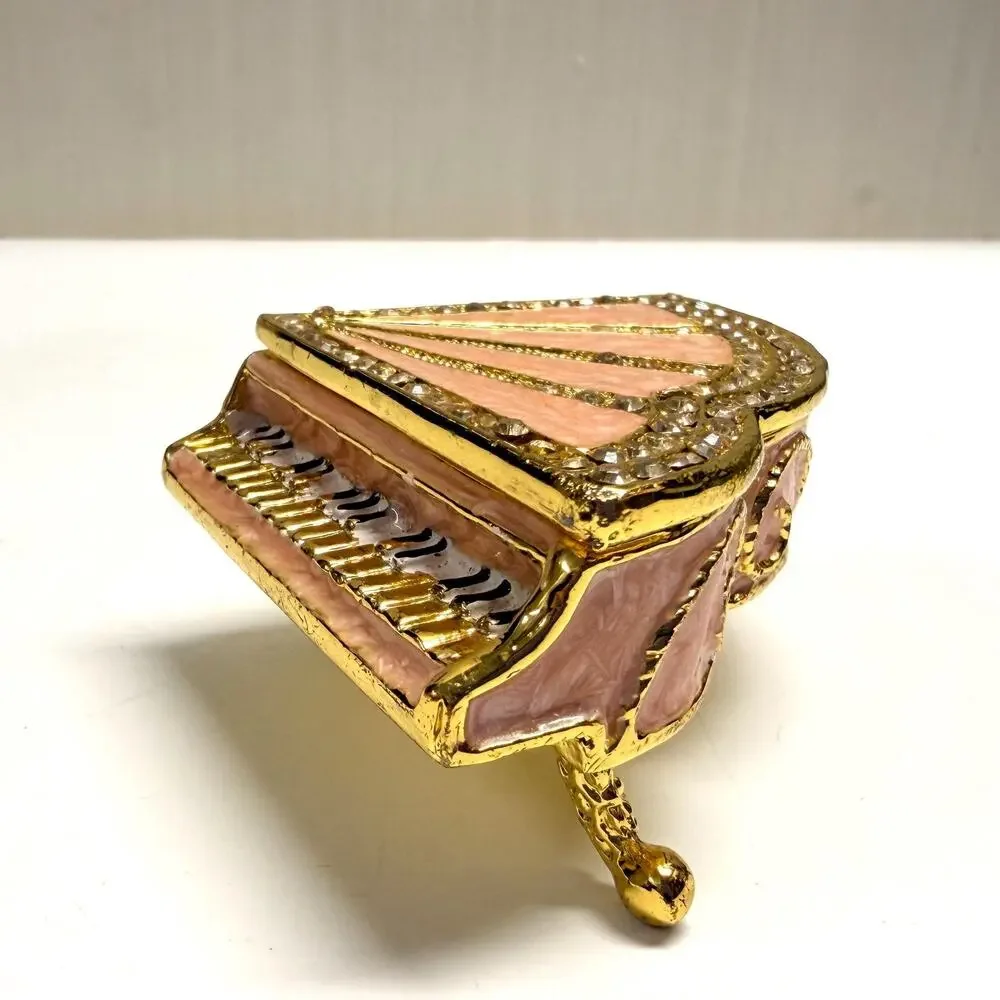 Vintage Grand Piano Metal Enameled Faux Crystal Trinket Box